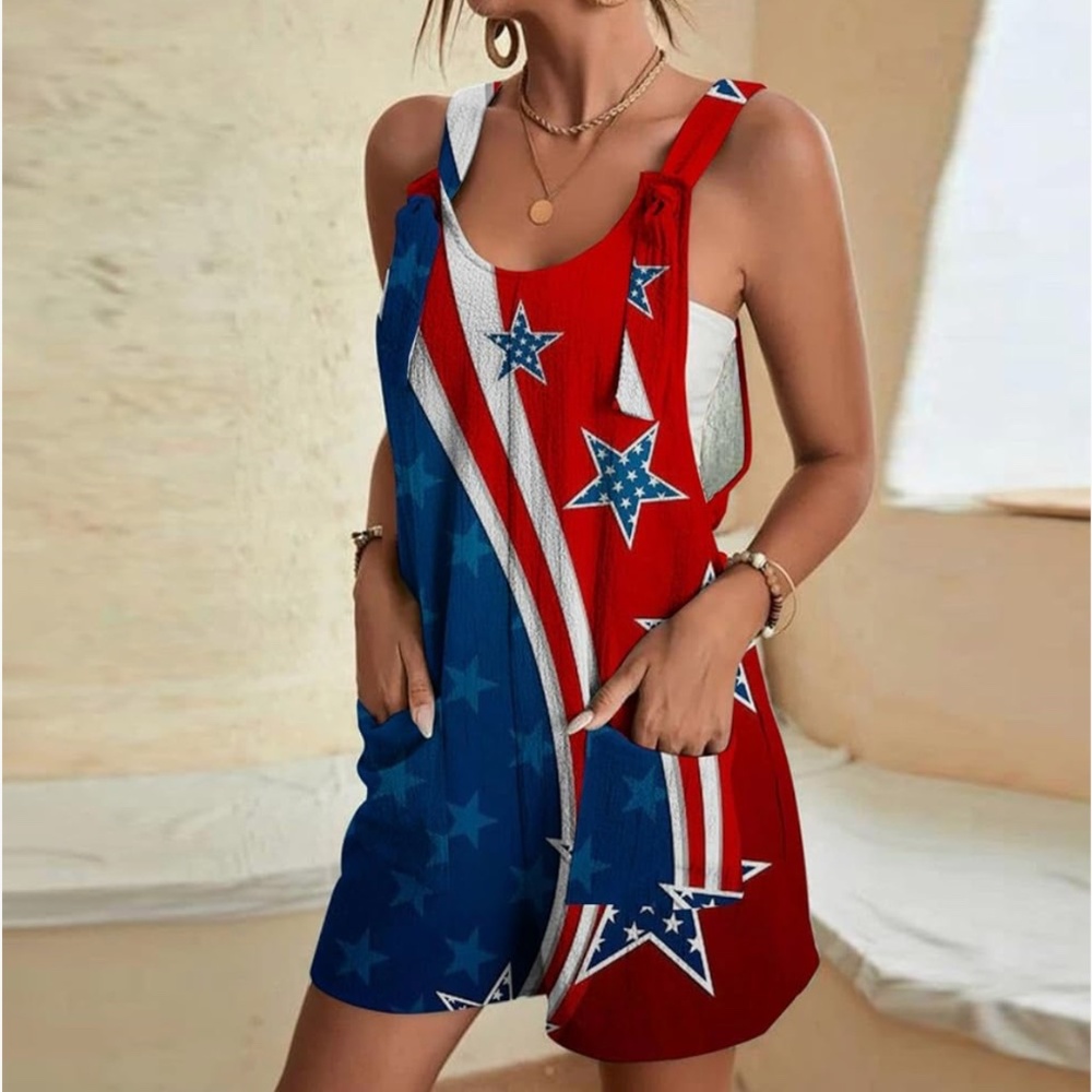 STARS AND STRIPES LINEN ROMPER Star-Patterned Red and Blue Romper romper with s